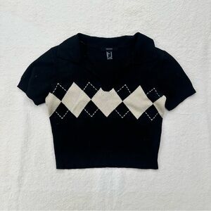 Preppy Forever 21 Argyle Knit Polo Sweater Top Black Short Sleeve